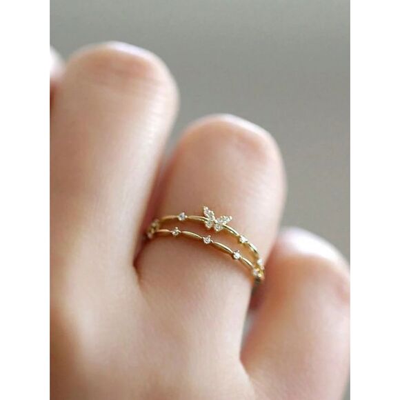 Cubic Zirconia Butterfly Double Layer Ring Gold Adjustable Dainty Feminine Open - Picture 2 of 4